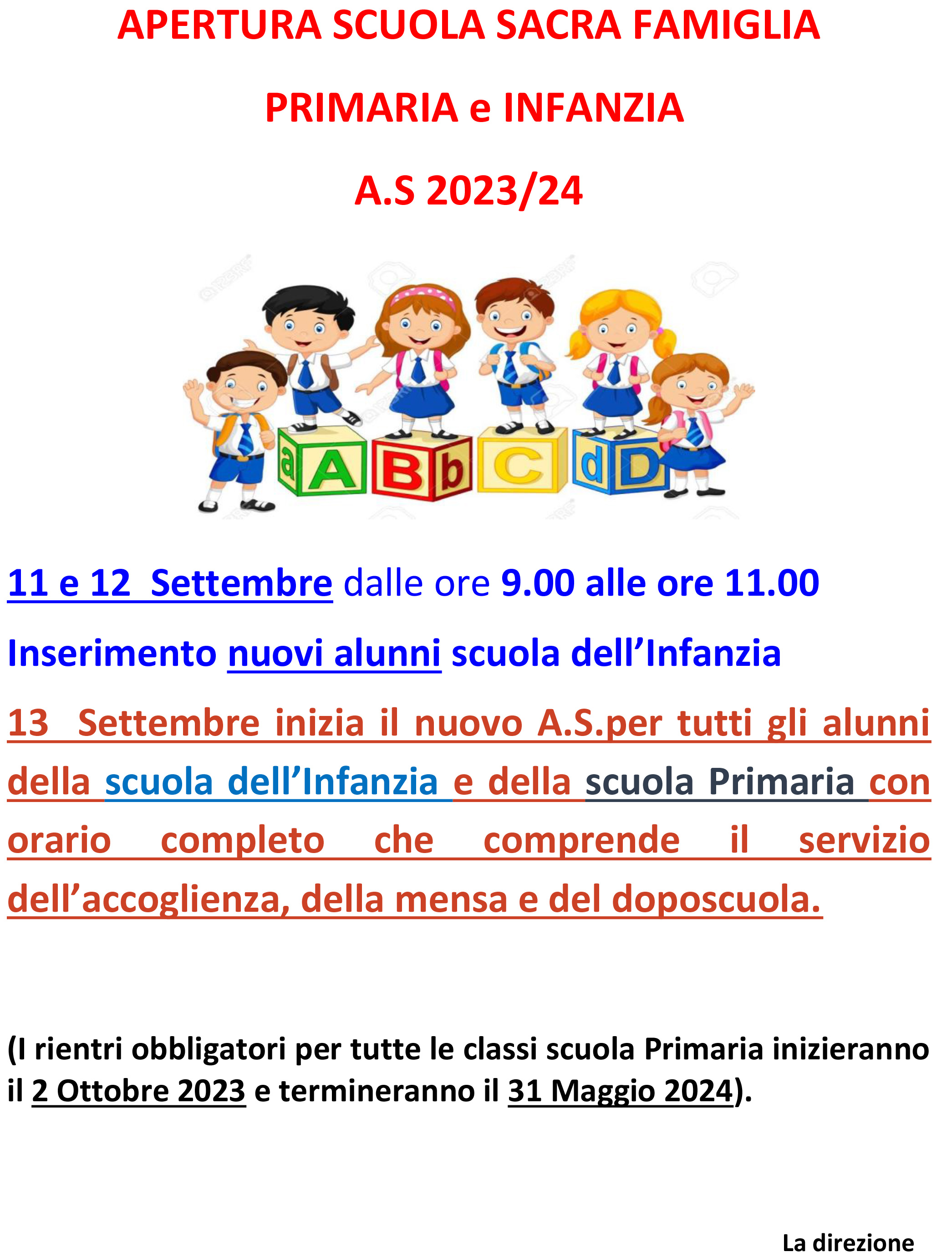 Apertura Scuola Infanzia e Primaria